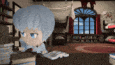 a cartoon character is reading a book in front of a window