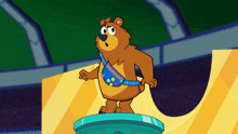 a cartoon bear is standing on a blue podium
