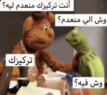 a muppet and a kermit the frog are sitting at a table talking to each other .
