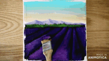 a painting of a lavender field with mountains in the background is made in animatica