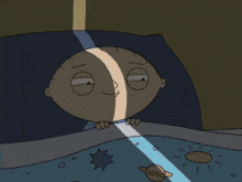 a cartoon character is laying in bed with a blue blanket with planets on it