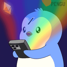 a blue penguin holding a remote control with the word pengu on the bottom right
