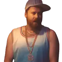 a man with a beard wearing a hat with the letter d on it