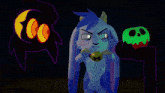 a cartoon rabbit with a bell around its neck is standing next to a glowing pumpkin