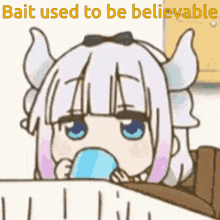 a cartoon of a girl with horns and the words bait used to be believable above her