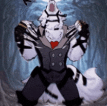a furry character in a suit and tie is standing in the woods .