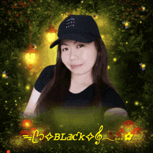a woman wearing a black hat is surrounded by greenery and flowers with the words black written below her