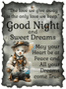 a good night and sweet dreams greeting card with a stuffed animal in a cowboy hat .