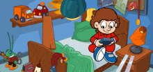 a cartoon of a boy sitting on a bed with a remote control