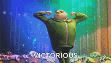 a cartoon character from the movie despicable me is flexing his muscles on a stage .