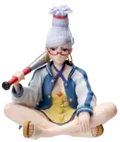 a statue of a woman with glasses and a baseball bat on her head