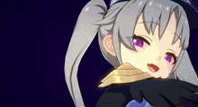 a close up of a cartoon girl with purple eyes