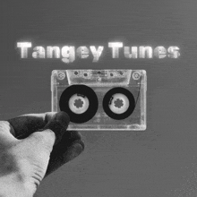 a hand is holding a cassette tape with the words tangey tunes written above it