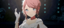 a girl with pink hair and blue eyes is wearing white gloves .