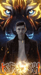 a man is standing in front of a tiger 's face and the word kirash is on the bottom of the image