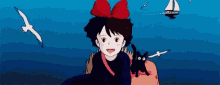 a girl with a red bow and a black cat on her back is flying in the air .