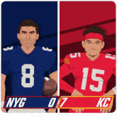 a cartoon of two football players with nyg 0-7 kc written on the bottom