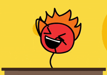 a cartoon drawing of a red ball with a fire head