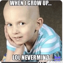 a young boy with a bald head is laying down with his hand on his chin and a meme .