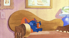 a cartoon drawing of stitch reading a book