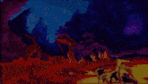 a colorful painting of a landscape with mountains and a dragon