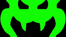 a green silhouette of a monster with sharp teeth and a black background .