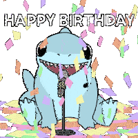 a cartoon of a dinosaur singing into a microphone with the words happy birthday written on it