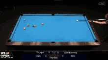 a pool table with the us open bank pool championship on the screen