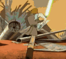 a cartoon of a man holding a light saber in front of a pile of junk