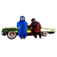 a blue teddy bear and a black teddy bear are standing next to a car