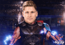 a gif of a man in a superhero costume with the words gif jif at the bottom