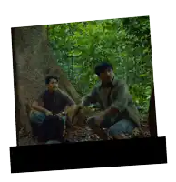 two men are sitting under a tree in the jungle