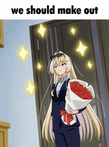 a cartoon of a woman holding a bouquet of roses with the words we should make out above her