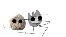 a drawing of a rock and a flame with arms and legs
