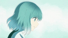 a drawing of a girl with blue hair and a white shirt