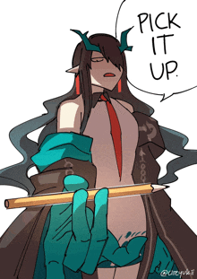 a drawing of a woman holding a pencil with the words " pick it up " above her