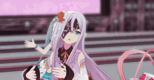 a girl with long white hair is wearing a mask on her face