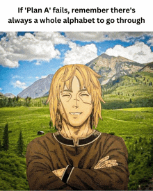 a picture of a man with his arms crossed in front of mountains