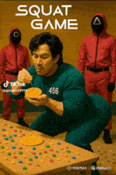 a poster for squat game shows a man in a green shirt with 456 on it