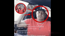 a man in a red shirt is sitting in a car with two arrows pointing to his face
