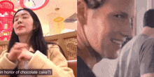 a woman sitting next to a man with the words in honor of chocolate cake