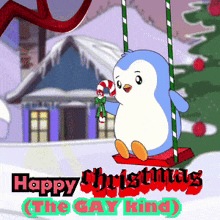a penguin sitting on a swing holding a candy cane with the words happy christmas the gay king below it