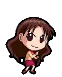 a pixel art drawing of a girl with long brown hair and a red scarf around her neck .