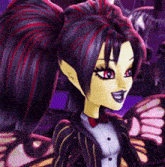 a cartoon character with purple and red hair is wearing a tuxedo