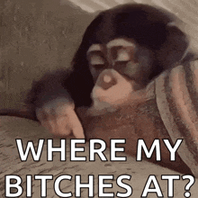 a baby chimpanzee is laying on a bed and pointing at something .