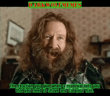 a man with a beard is making a funny face while talking about shaving his hair .