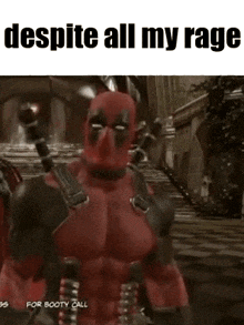 deadpool is standing in front of a building in a video game .