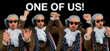 a man in a wig and sunglasses stands in front of a sign that says " one of us "