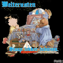 a cartoon of betty boop and a teddy bear with the words " slaag lekker leren " on the bottom