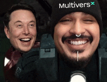 elon musk and a man with a beard wearing a hat that says multivers x